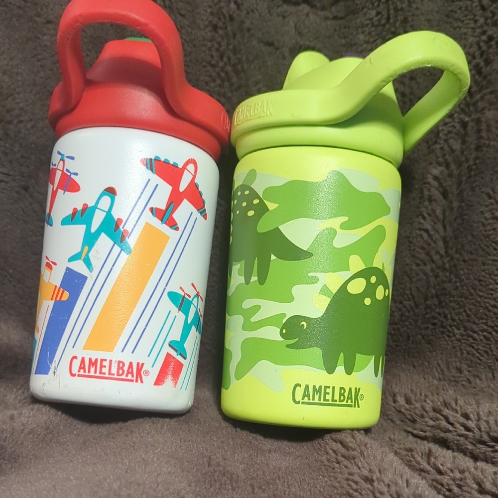 Camelbak Kids Water Bottles - White with Red Lid & Lime Green Dino